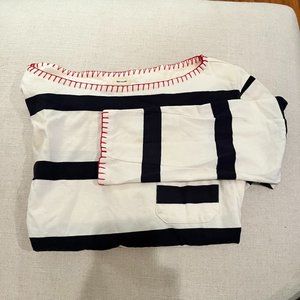 Med Winds Long Sleeve White & Navy Striped Top with Red Stiching - Thick Cotton